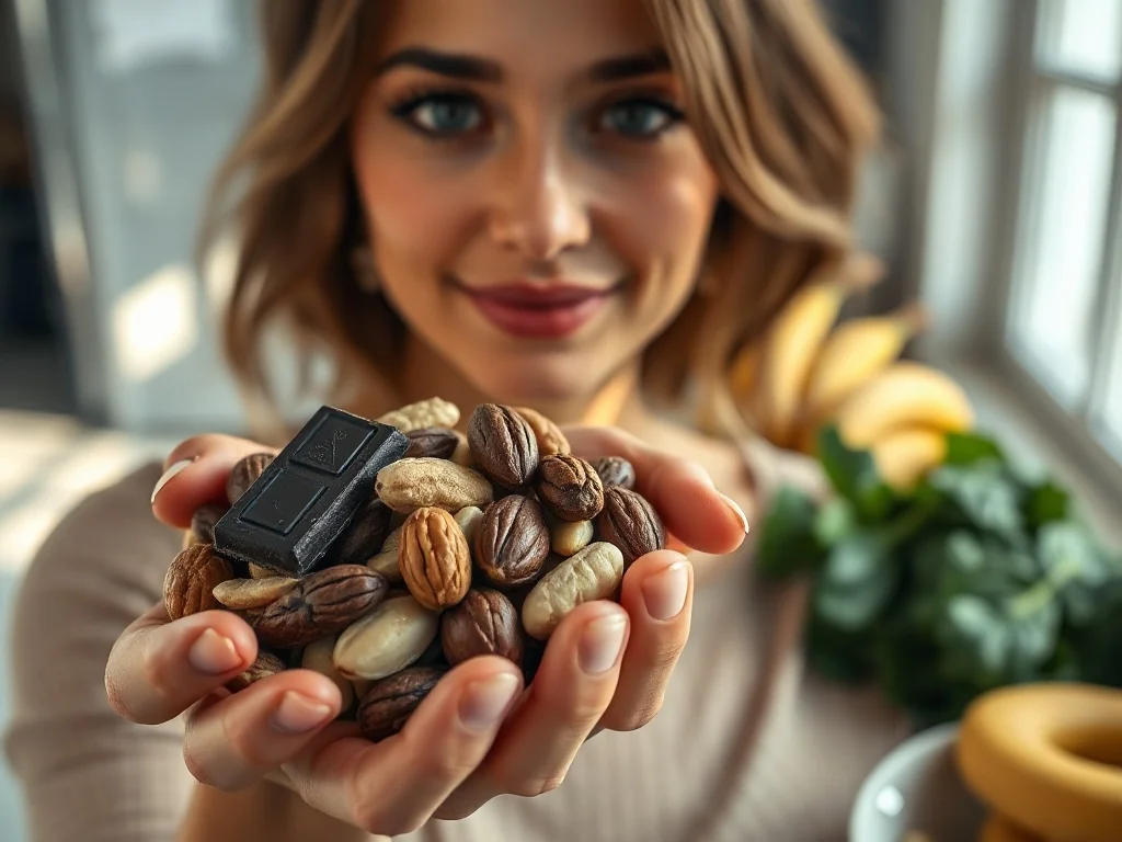 Kobieta trzymająca garść orzechów i gorzką czekoladę w otoczeniu produktów bogatych w magnez, takich jak szpinak i banany.
